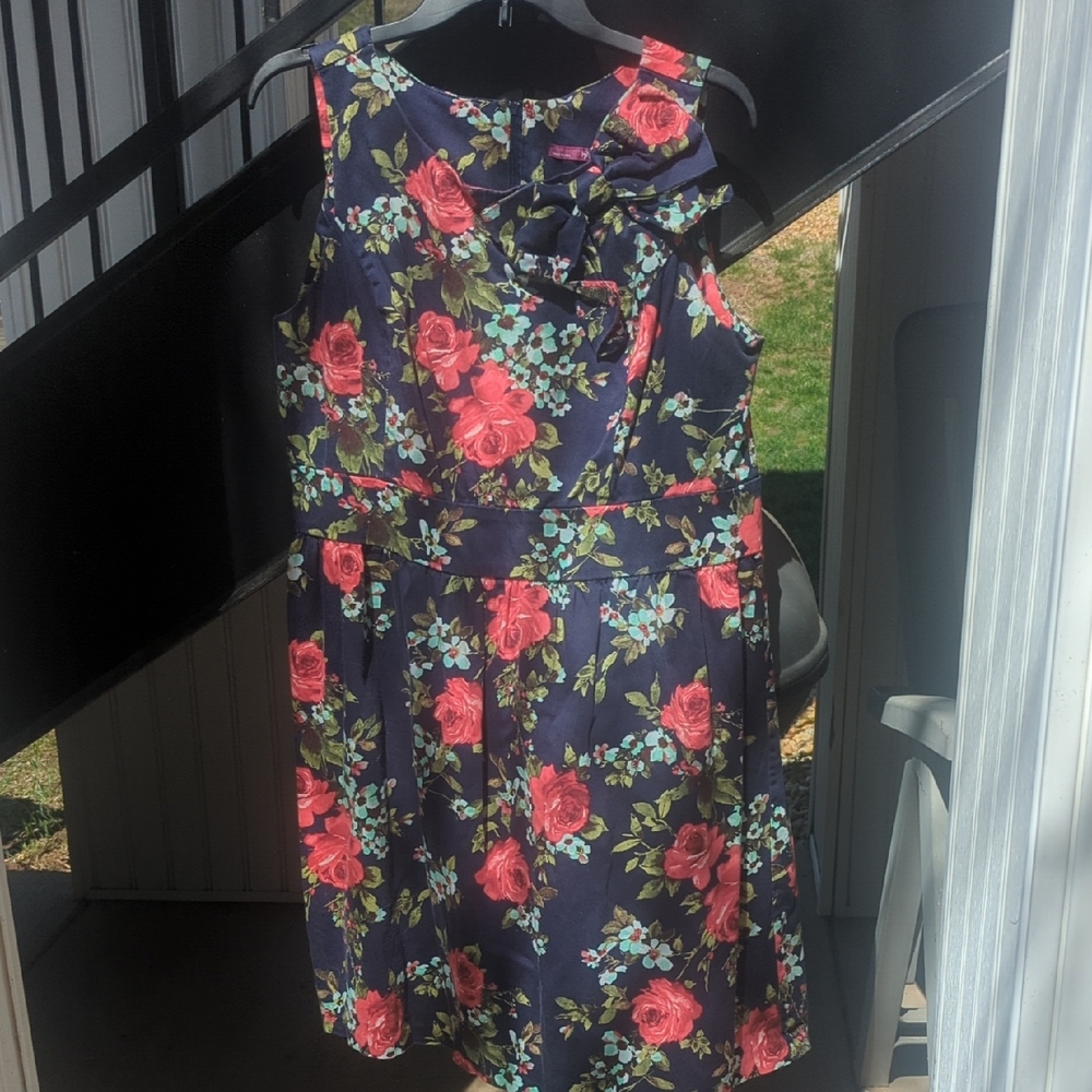 Floral Sleeveless Dress - Navy and Red